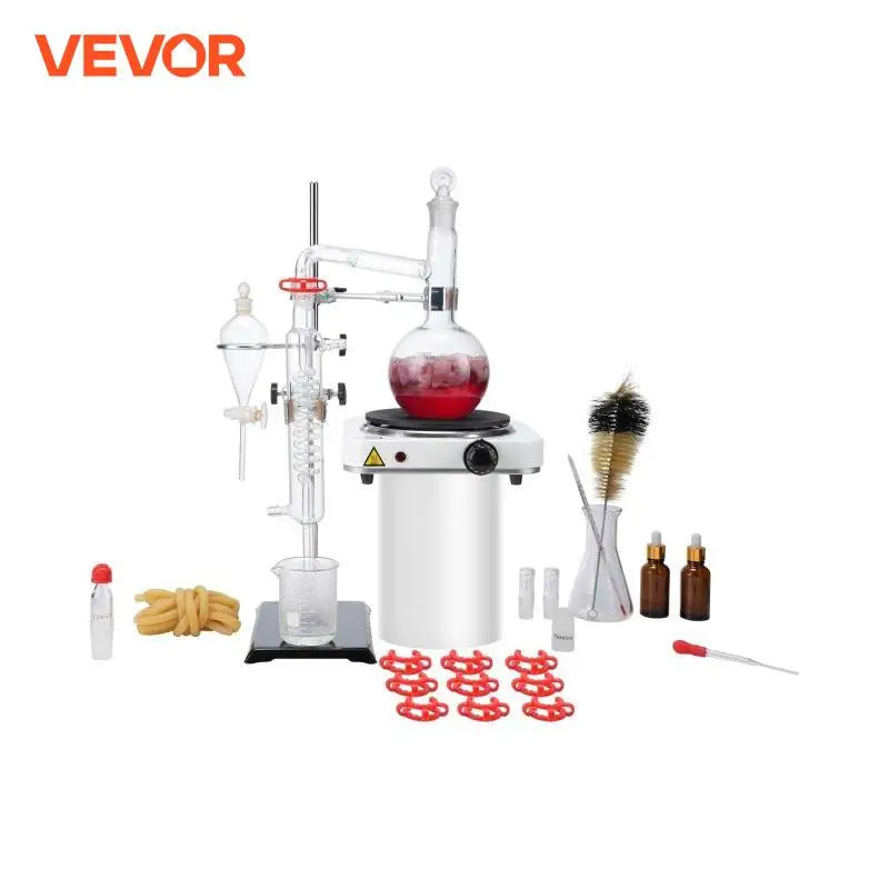 Essential Oil Distillation Kit 500ml/2L Distillation Apparatus 3.3 Boro Lab Glassware Distillation Kit with 1KW Heat Plate