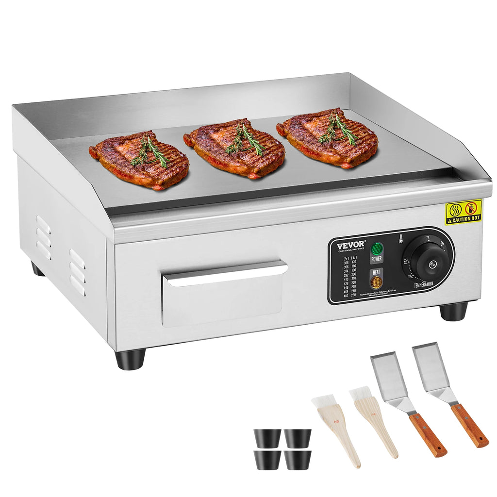 Commercial Electric Griddle 1700W Countertop Flat Top Grill 122℉-572 ℉ Adjustable Temprature Stainless Steel Griddle Grill