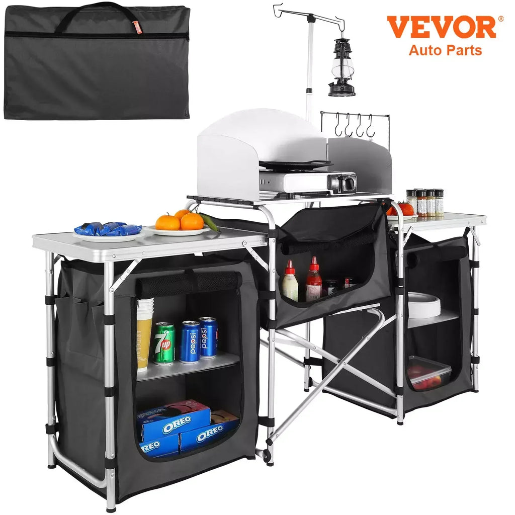 Camping Kitchen Dining Table, Foldable Outdoor Cooking Table With Storage Bag, Aluminum Cooking Table With 3 Cabinets