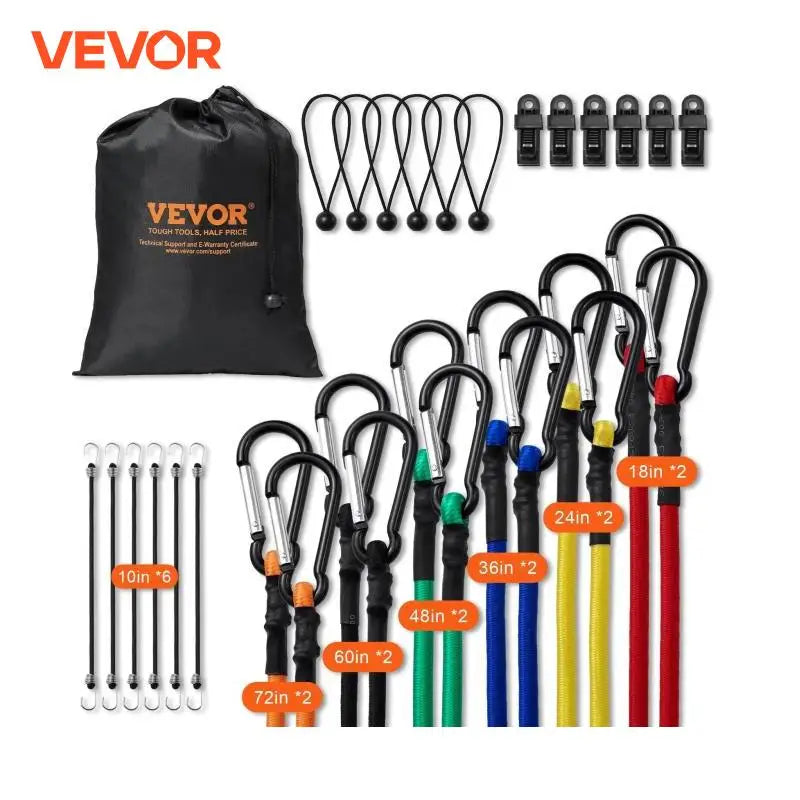 30pcs Elastic Bungee Cords Assortment with A3 Steel Hooks Adjustable Lashing Luggage Rope  Motorbike Cargo Fixing Belt
