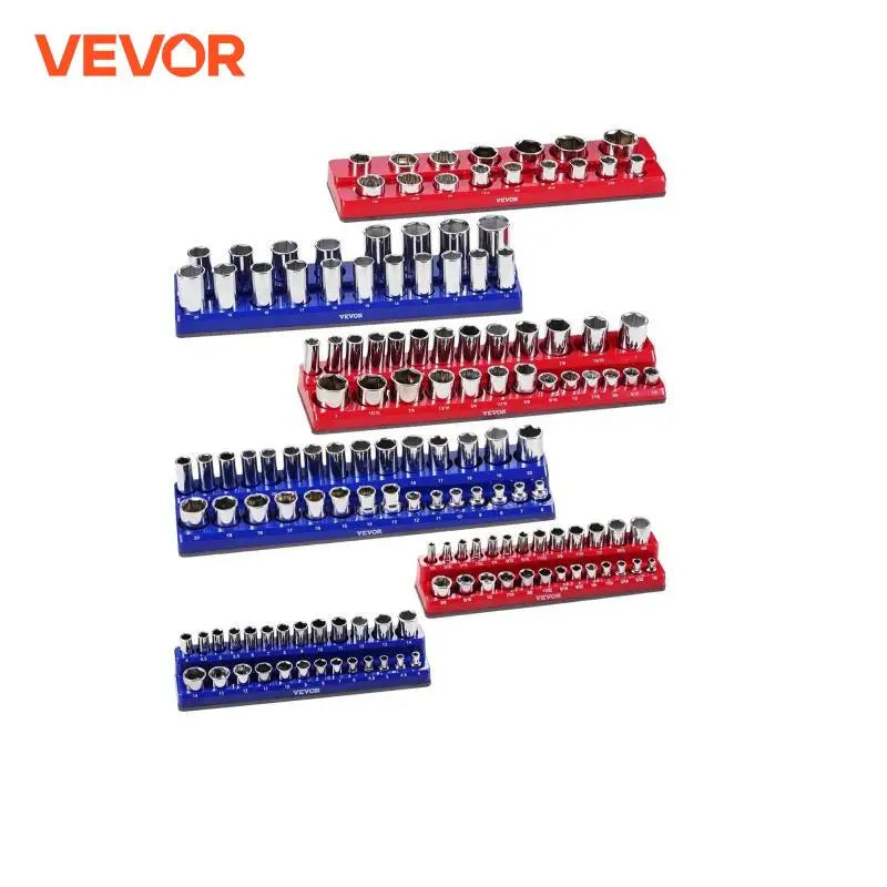6pcs/8pcs Blue+Red Magnetic Socket Organizer Set 1/4'' 3/8'' 1/2'' Metric SAE Socket Trays with Clear Labels for Tool Box