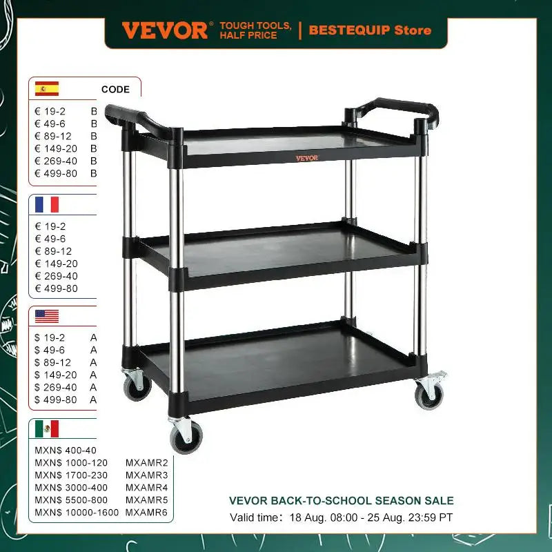 Utility Service Cart 3 Shelf Heavy Duty 220LBS Food Service Cart Rolling Kitchen Storage Trolley with 4 Lockable Wheels