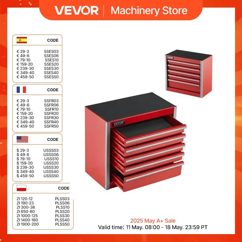 5-Drawer 8.6in Metal Tool Box Red/Black Portable Small Tool Chest with PP Feet Pads for Garage Workshop Tools Storage