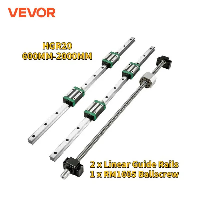 HGR20 2PCS Linear Guide Rails 600-2000MM 4PCS Slide Blocks RM1605 Ballscrew W/ Ball Nut BF12/BK12 Nut for CNC DIY Routers