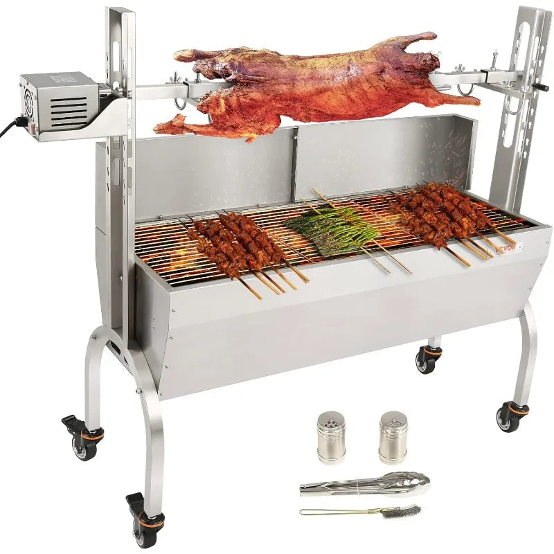 Stainless Steel Rotisserie Grill with Windscreen, BBQ Whole Pig Lamb Goat Charcoal Spit Grill, Electric 50W Motor BBQ Hog