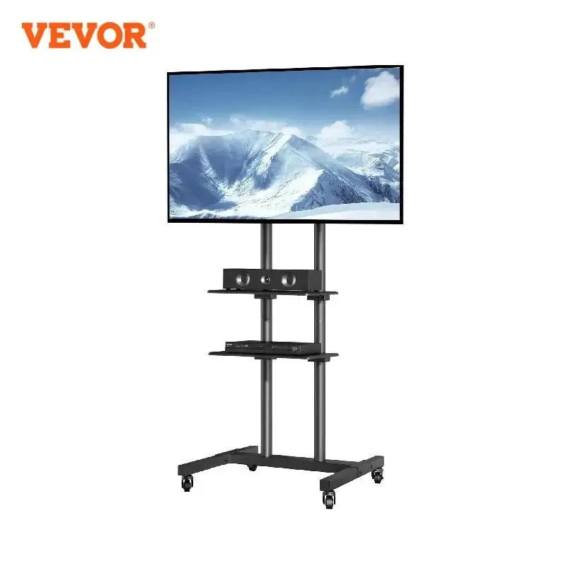 Mobile TV Stand Height Adjustable TV Stand with Wheels Double Tray for Audio-Visual Devices Rolling TV Stand for Bedroom