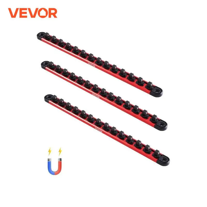 3PCS Magnetic Socket Organizer Rail Set Metric & SAE Aluminum Socket Holder 1/4'' 3/8'' 1/2'' with 360° Clips for Tool Box