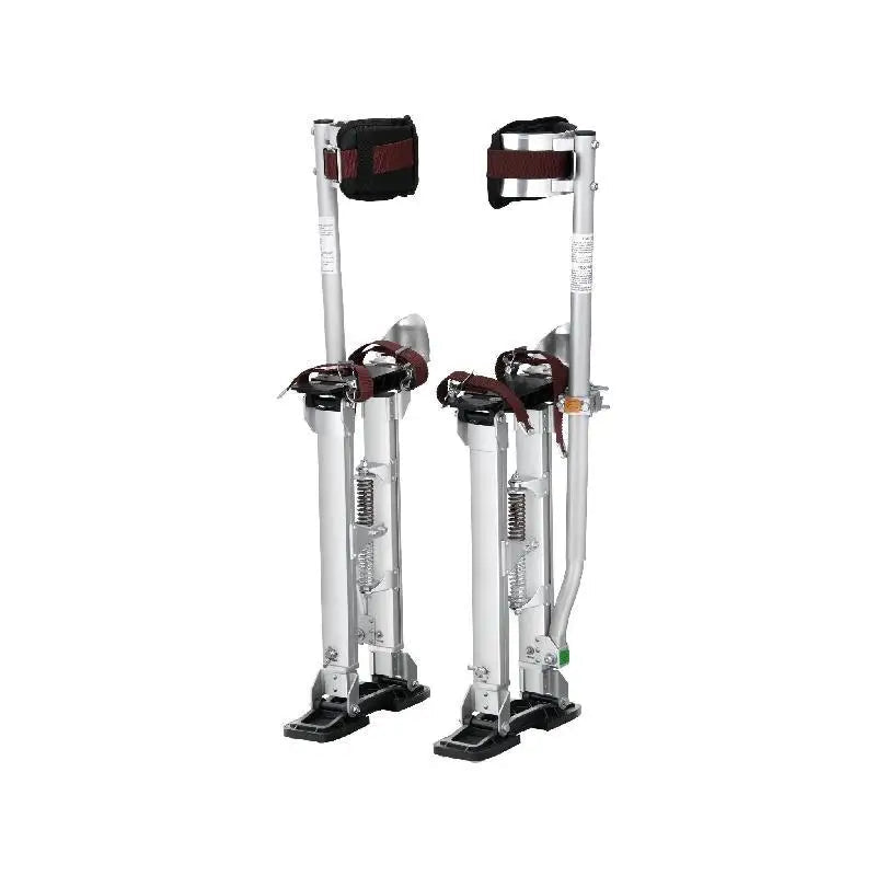 A pair of VEVOR brand aluminum drywall stilts with protective knee pads and non-slip work bases.