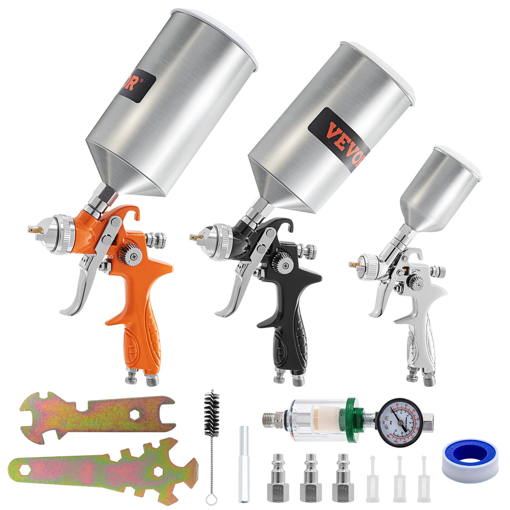 Professional Paint Air Sprayer Gun Set 11 Piece with 2 Full Size 1000cc Capacity Air Regulator & Gauge for Furniture Fence