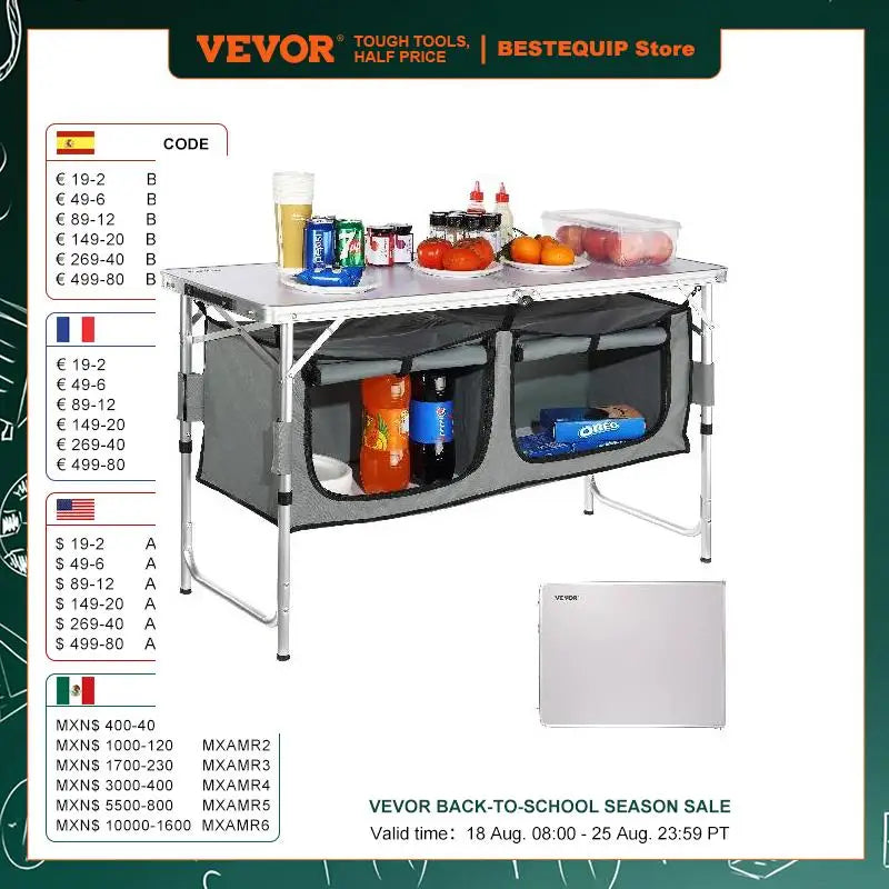 Folding Picnic Table Kitchen Camping Cupboards Aluminum Suitcase Table W/ Storage Bag Adjustable Height for Outdoor Garden