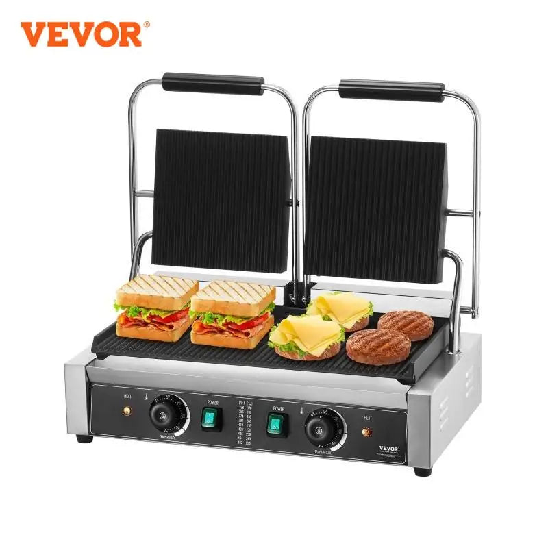 Commercial Panini Grill 3600W Electric Sandwich Panini Maker 19"x9" Full Grooved Enamel Plate for Hamburger Steak Bacon