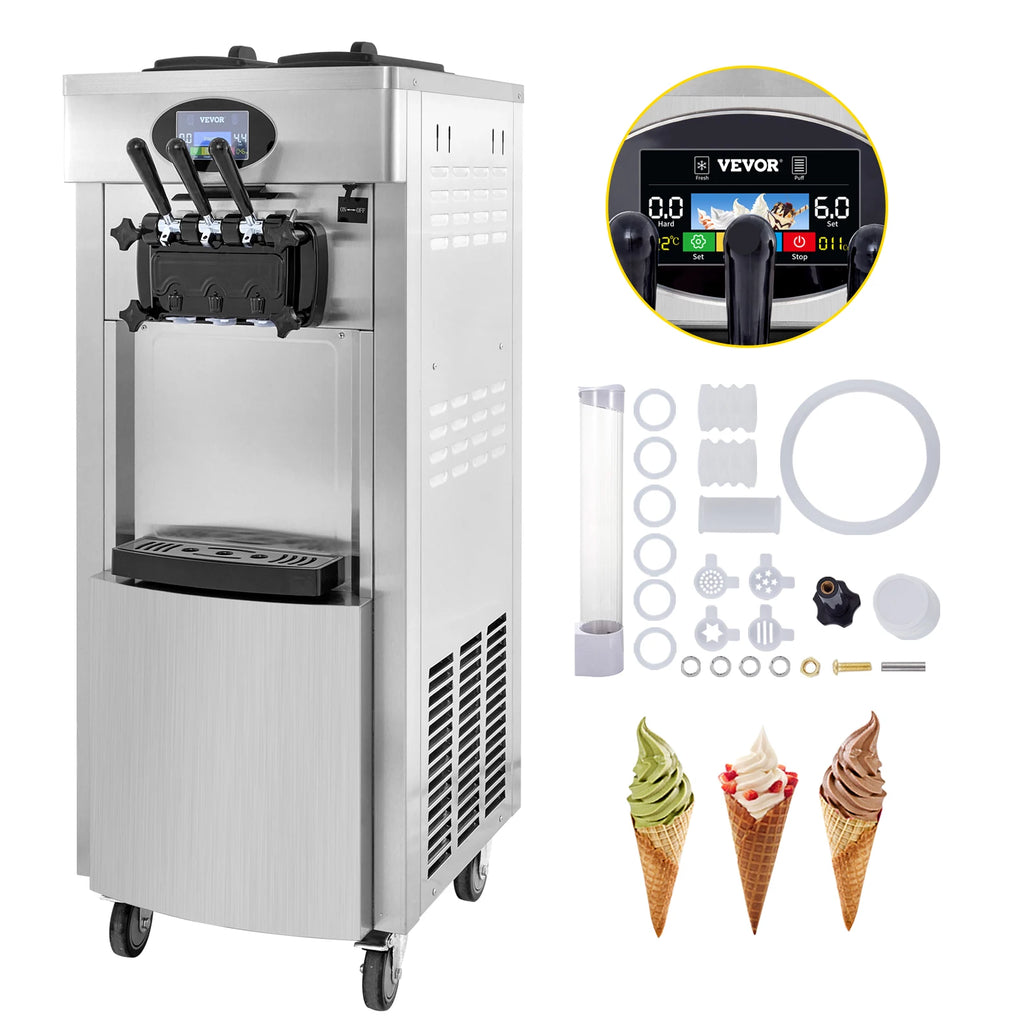 2200W Commercial Soft Ice Cream Machine 3 Flavors 5.3-7.4 Gal/H PreCooling at Night Auto Clean LCD Panel for Restaurants