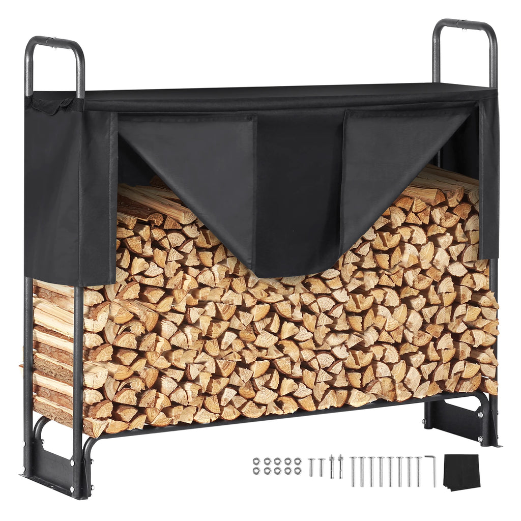 4.3/8.5/12.7FT Outdoor Firewood Rack w/Cover,Heavy Duty Firewood Holder & 600D Oxford Waterproof Cover for Fireplace,Patio