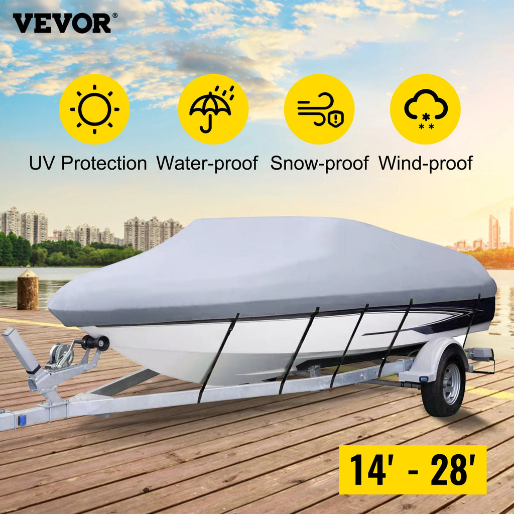 14-28 FT Boat Cover Waterproof 3 Layer Oxford Fabric All-Season Protection With Storage Bag and 5Pcs Adjustable Straps
