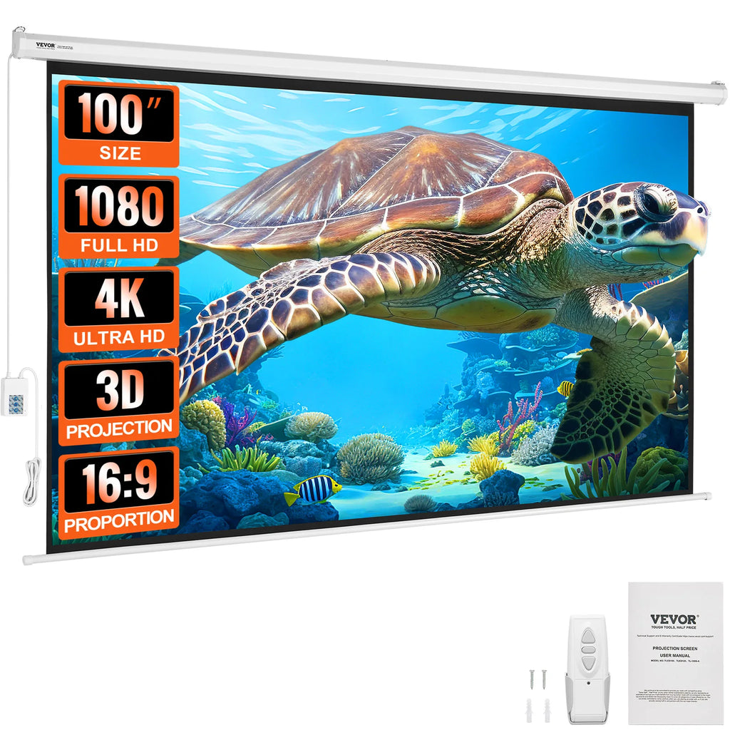 Electric Motorized Projector Screen 100 inch 16:9 4K 1080 HD Wall Mount Movie Screen for Family Home Office Movie Theater