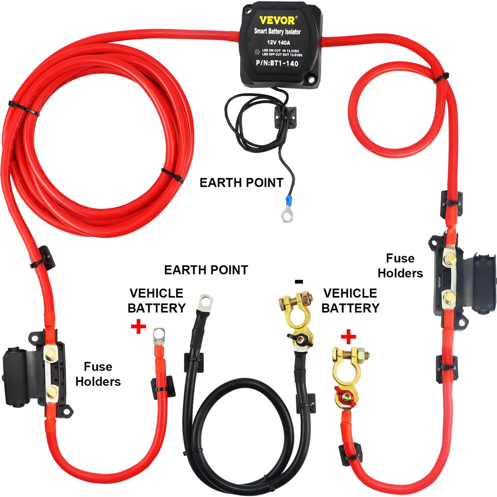 Split Charge Relay Kit Voltage Sense Relay Professional 12V 140AMP W/ 2/4/5/6 mtr Battery Cable for ATVs UTVs RVs Camping