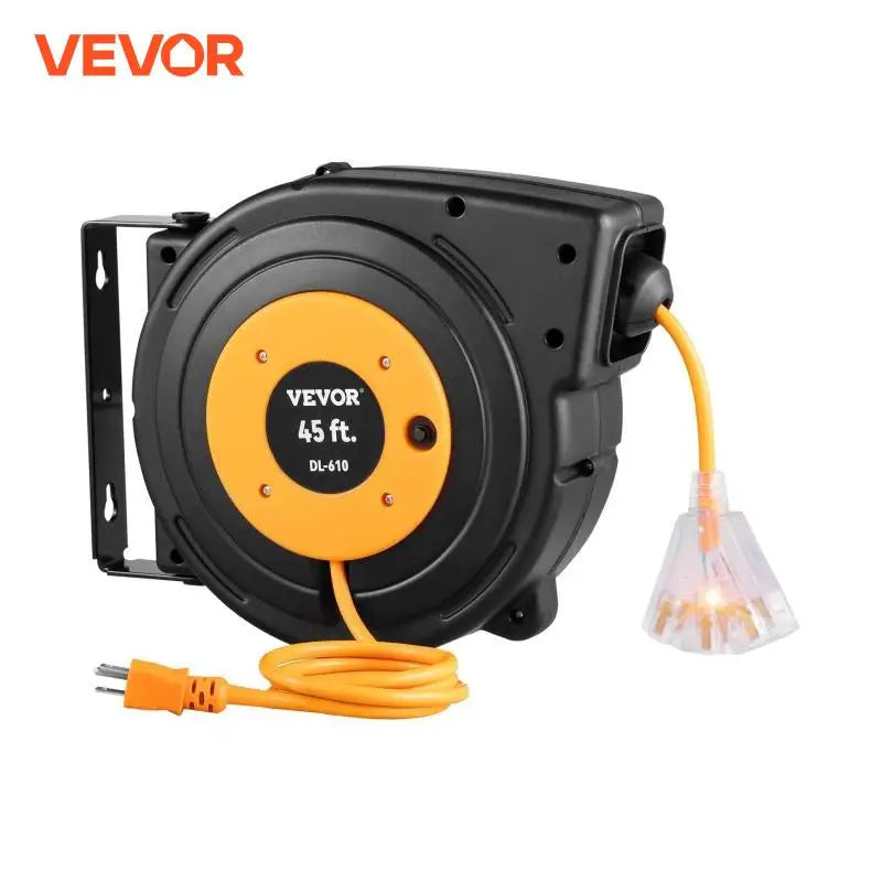 Retractable Extension Cord Reel 45/50/65 FT with Lighted Triple Tap Outlet&180° Swivel Bracket Black Heavy Duty Power Cord