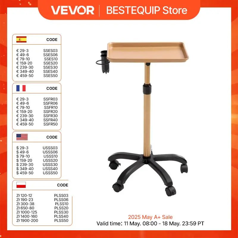 Salon Tray Cart 30"-43" Height Adjustable Rolling Salon Tray Cold-rolled Plate Tattoo Tray with 5 Wheels (2 Lockable) 