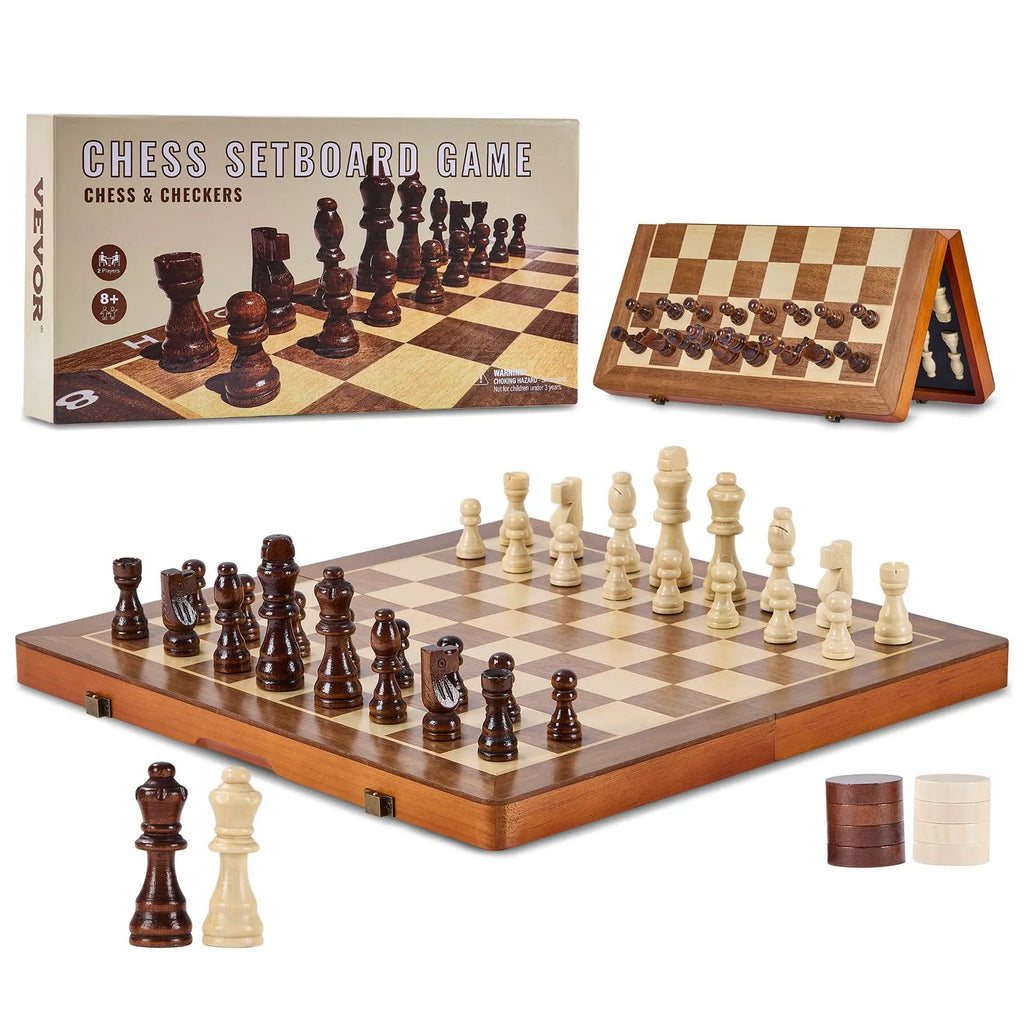 Magnetic Wooden Chess Set,2-IN-1 Chess Checkers Game Set,Folding Chess Board Games for Adults Kids,Chess Set for Beginner