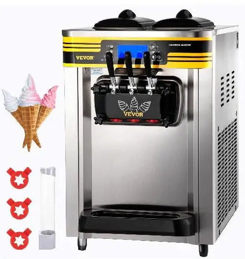Commercial countertop tricolor soft ice cream maker with three flavor dispensers, digital display, and storage hoppers. Includes visual pricing in different currencies and a promotional back-to-school sale.