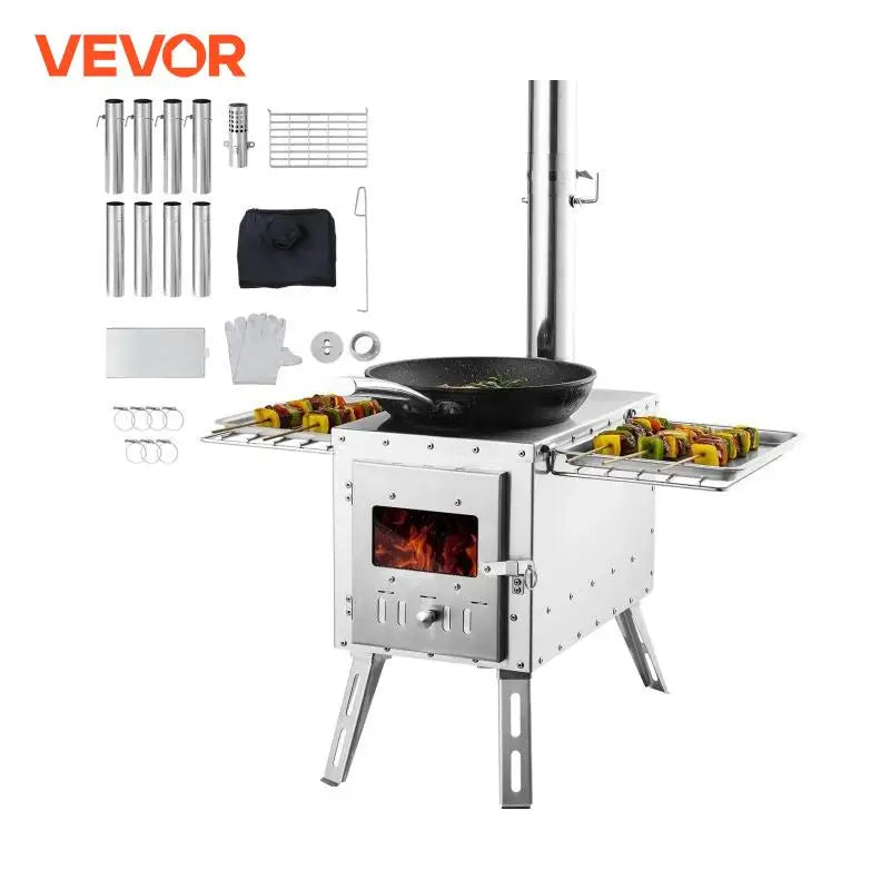 Wood Stove 86 inch Stainless Steel Camping Tent Stove Portable Wood Burning Stove with Chimney Pipes & Gloves with 8 Pipes
