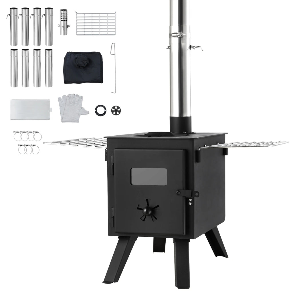 Wood Stove 86in Alloy Steel Camping Tent Stove Portable Wood Burning Stove with Chimney Pipes & Gloves 1400in³Firebox