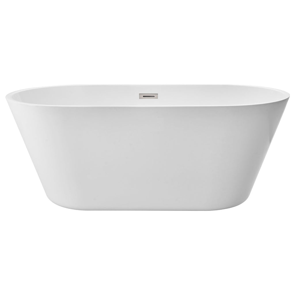 Acrylic Freestanding Bathtub, 59 Inch Contemporary Soaking White Tub with Brushed Nickel Overflow and Drain, Elegant Oval Shape Stand Alone Soaker Tub for Modern Bathroom or Remodel Projects