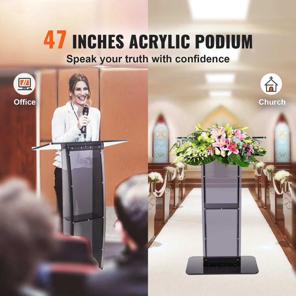 Acrylic Podium, 47" Acrylic Podium Stand with Wide Reading Surface & Storage Shelf, Floor-standing Clear Pulpits Acrylic for Church Office School, Black image 2