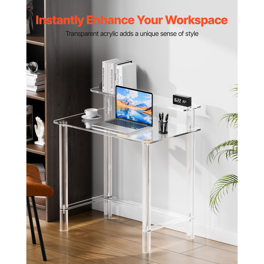 Acrylic Table, 2 Tiers Clear Office Desk with Monitor Stand, Acrylic Study Computer Desk, Modern Side End Table Nightstand for Bedroom, Office, Study, Cloakroom, 19.7 x 31.5 x 34.7 in (Clear) image 2