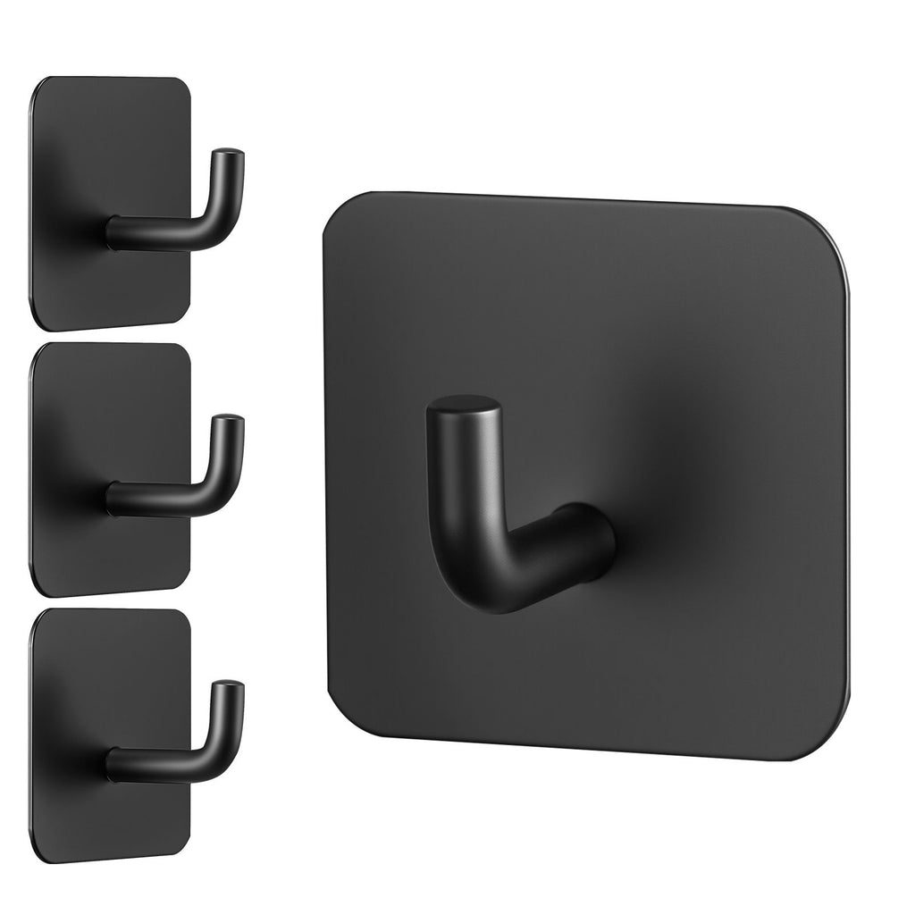 Adhesive Hooks, 4 Pack Self-Adhesive Towel Coat Hooks, Heavy-Duty Wall Hook Hold 15 lbs (Max), Stainless Steel Sticky Hanger, for Bathroom, Kitchen, Hanging Towel, Coat & Keys (Matte Black)
