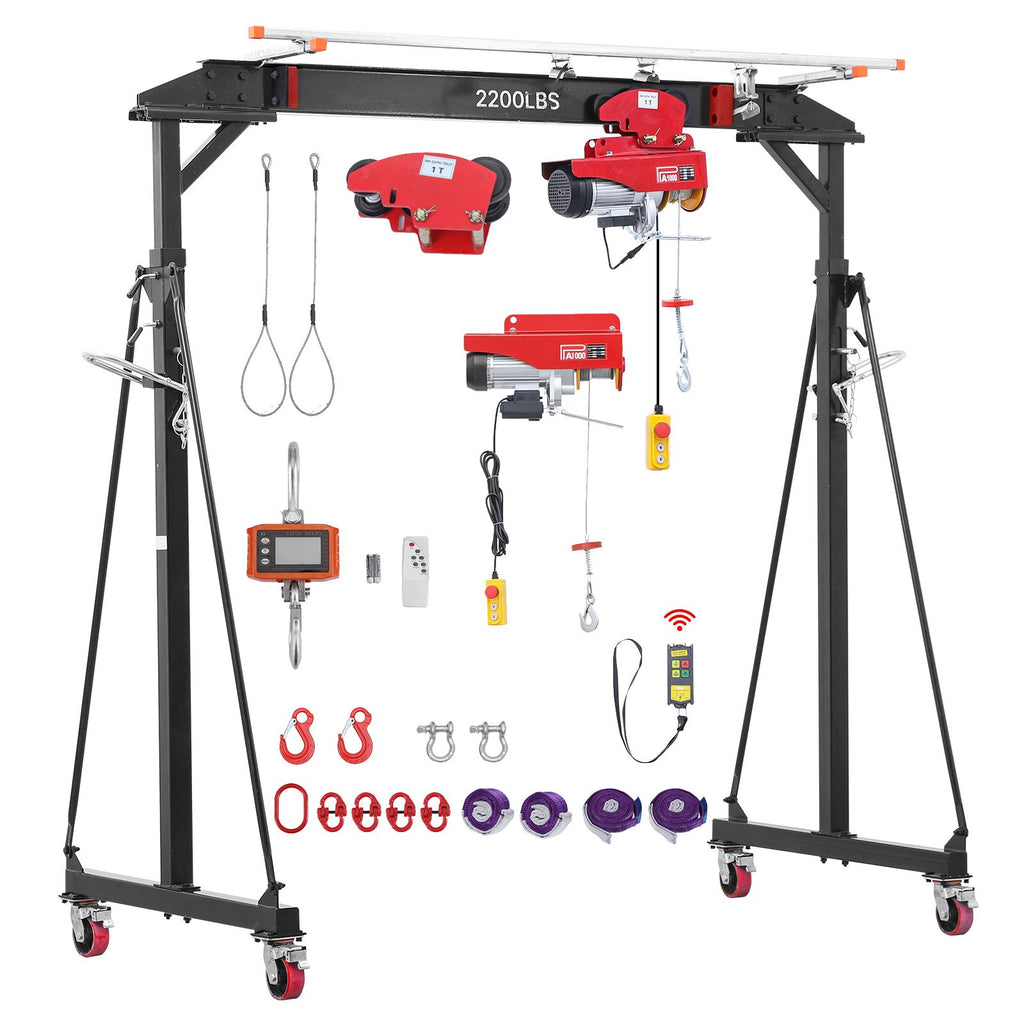 Adjustable Gantry Crane, 2200 lbs Capacity, Portable Shop Lift Hoist with 95.7-142.9 in Height Adjustable, Manual Trolley, Electrical Hoist, Sling, Shackles, for Factory Warehouse Auto Repair