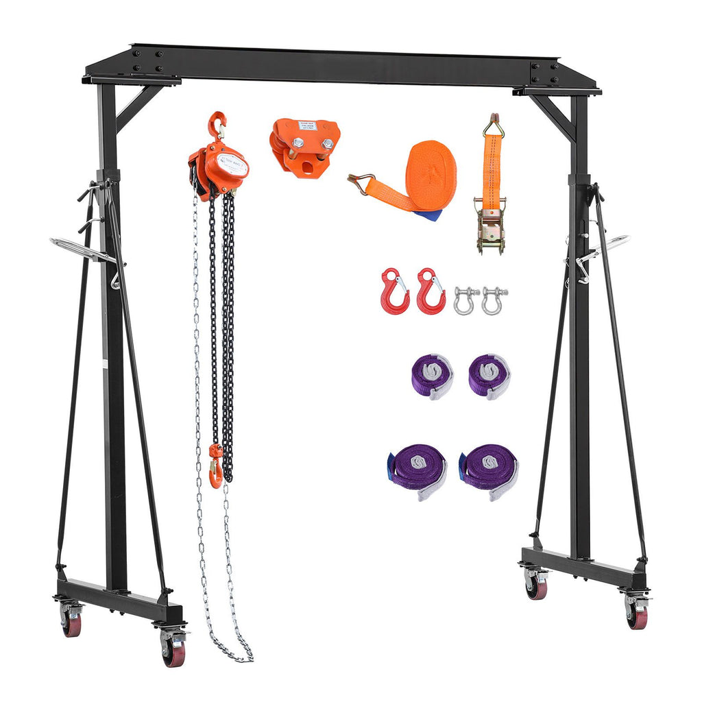 Adjustable Gantry Crane, 2200 lbs Capacity, Portable Shop Lift Hoist with 95.7-142.9 in Height Adjustable, Manual Trolley, Hoist, Sling, Shackles, Hooks, for Garage Factory Warehouse Auto Repair