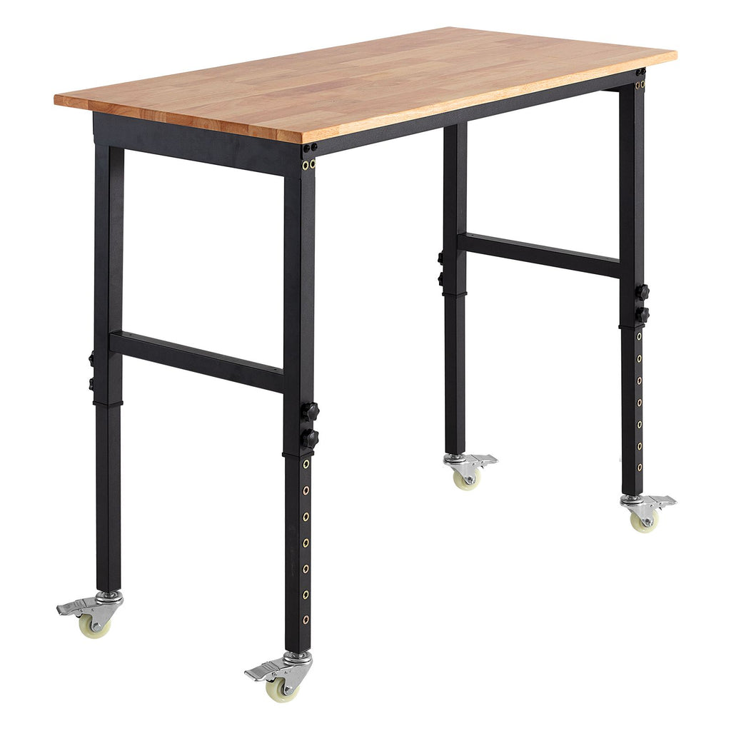 Adjustable Workbench on Wheels, 1500 lbs Capacity, 48 x 24 Inch Oak Wood Top Workbench with 28.5-42.3 Inch Height Adjustment, Heavy-Duty Hardwood Worktable for Garage, Workshop, Home, Office