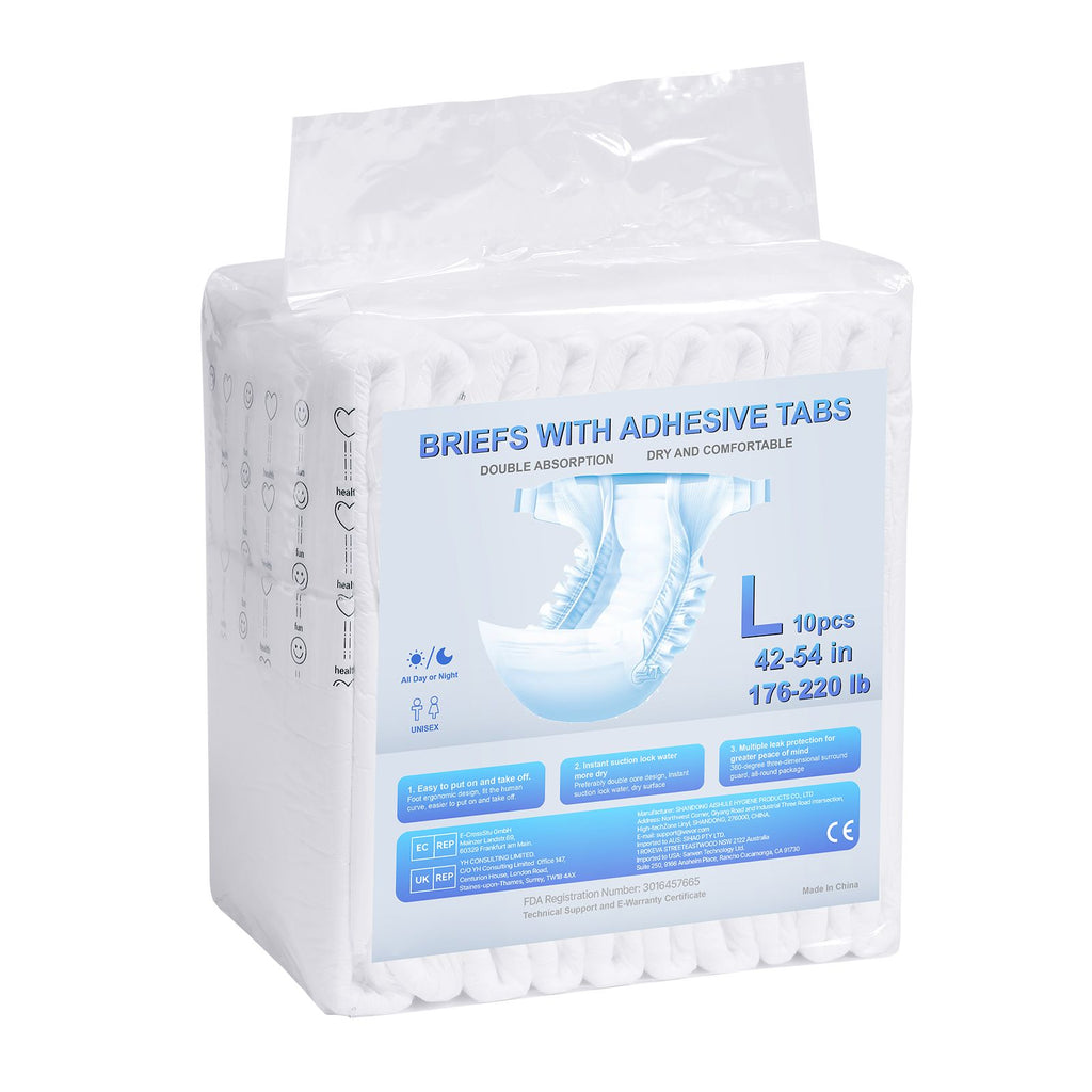 Adult Briefs with Tabs, Super Absorbent Incontinence Briefs for Men and Women, Disposable Adult Diapers with Leakproof 3D Surround Guard & Wetness Indicator - L Size, 40 Count (4 Packs of 10)
