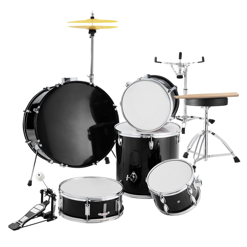 Adult Drum Set, 5-Piece, 22 inches Complete Full Size Drum Kit with Bass Toms Snare Floor Drum Adjustable Throne Stands Cymbal Hi-Hat Pedal and Drumsticks, Beginner Drum Kit for Adults, Black