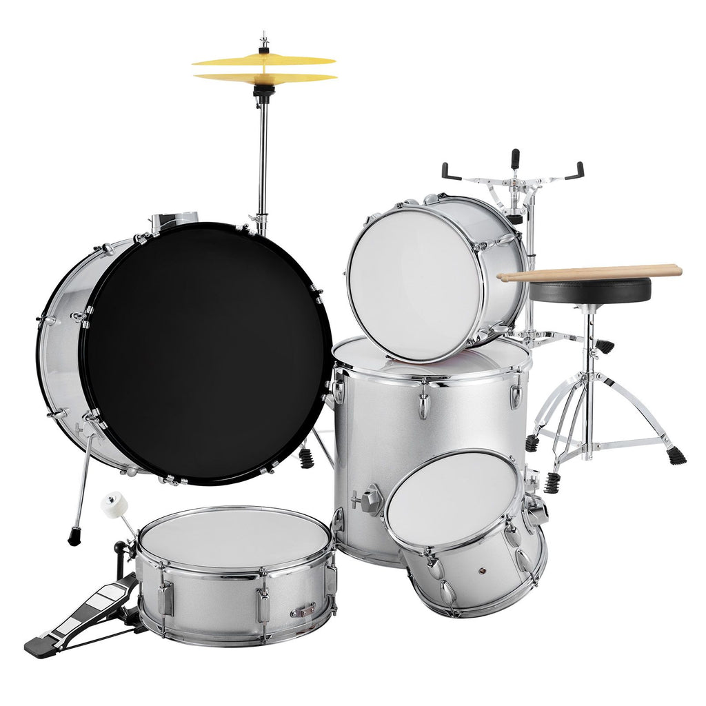 Adult Drum Set, 5-Piece, 22 inches Complete Full Size Drum Kit with Bass Toms Snare Floor Drum Adjustable Throne Stands Cymbal Hi-Hat Pedal and Drumsticks, Beginner Drum Kit for Adults, Silver