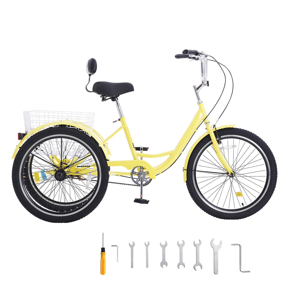 Adult Tricycles Bike, 20 Inch Three-Wheeled Bicycles, 3 Wheel Bikes Trikes, Carbon Steel Cruiser Bike with Basket & Adjustable Seat, Picnic Shopping Tricycles for Seniors, Women, Men (Yellow)
