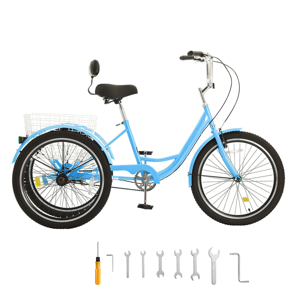 Adult Tricycles Bike, 26 Inch Three-Wheeled Bicycles, 3 Wheel Bikes Trikes, Carbon Steel Cruiser Bike with Basket & Adjustable Seat, Picnic Shopping Tricycles for Seniors, Women, Men (Blue)