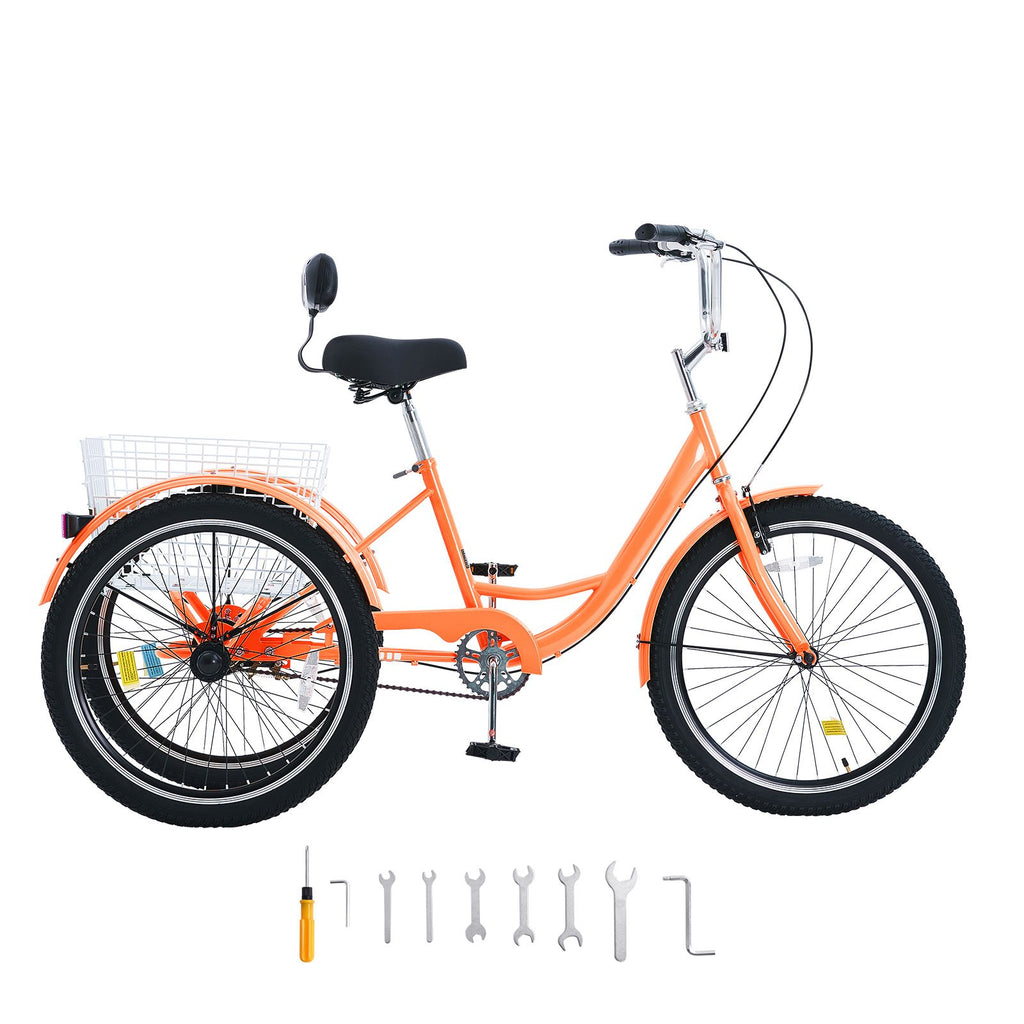 Adult Tricycles Bike, 26 Inch Three-Wheeled Bicycles, 3 Wheel Bikes Trikes, Carbon Steel Cruiser Bike with Basket & Adjustable Seat, Picnic Shopping Tricycles for Seniors, Women, Men (Orange)