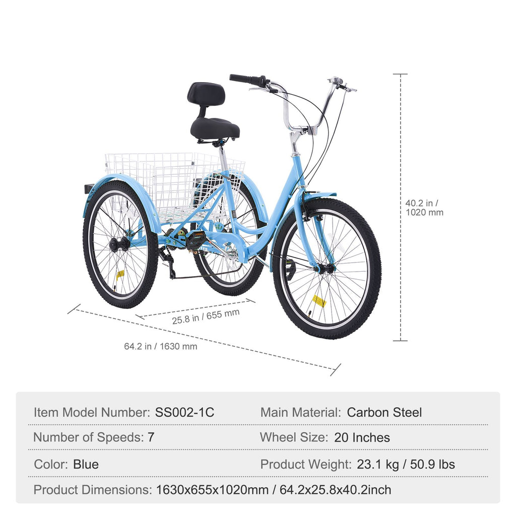 Adult Tricycles Bike, 7 Speed Adult Trikes, 20 Inch Three-Wheeled Bicycles, Carbon Steel Cruiser Bike with Basket and Adjustable Seat, Picnic Shopping Tricycles for Seniors, Women, Men (Blue)
