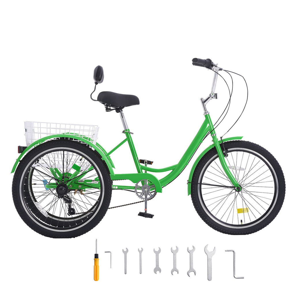 Adult Tricycles Bike, 7 Speed Adult Trikes, 20 Inch Three-Wheeled Bicycles, Carbon Steel Cruiser Bike with Basket and Adjustable Seat, Picnic Shopping Tricycles for Seniors, Women, Men (Green)