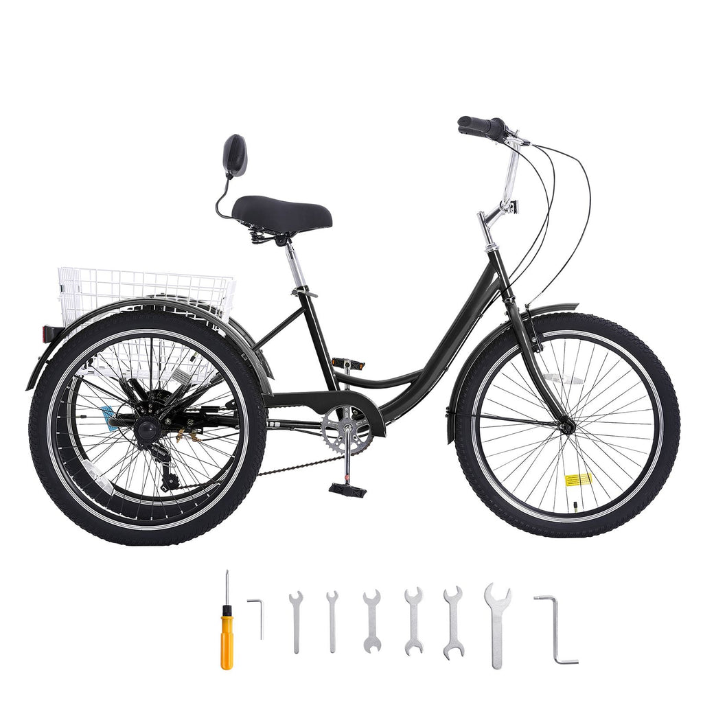 Adult Tricycles Bike, 7 Speed Adult Trikes, 24 Inch Three-Wheeled Bicycles, Carbon Steel Cruiser Bike with Basket and Adjustable Seat, Picnic Shopping Tricycles for Seniors, Women, Men (Black)