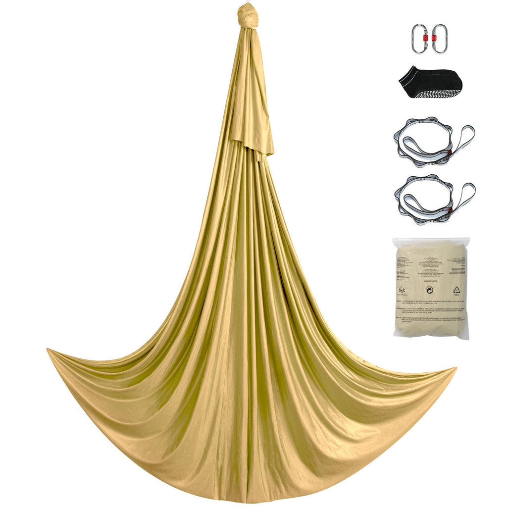 Aerial Yoga Hammock & Swing, 4.4 Yards, Aerial Yoga Starter Kit with 100gsm Nylon Fabric, Full Rigging Hardware & Easy Set-up Guide, Antigravity Flying for All Levels Fitness Bodybuilding, Gold