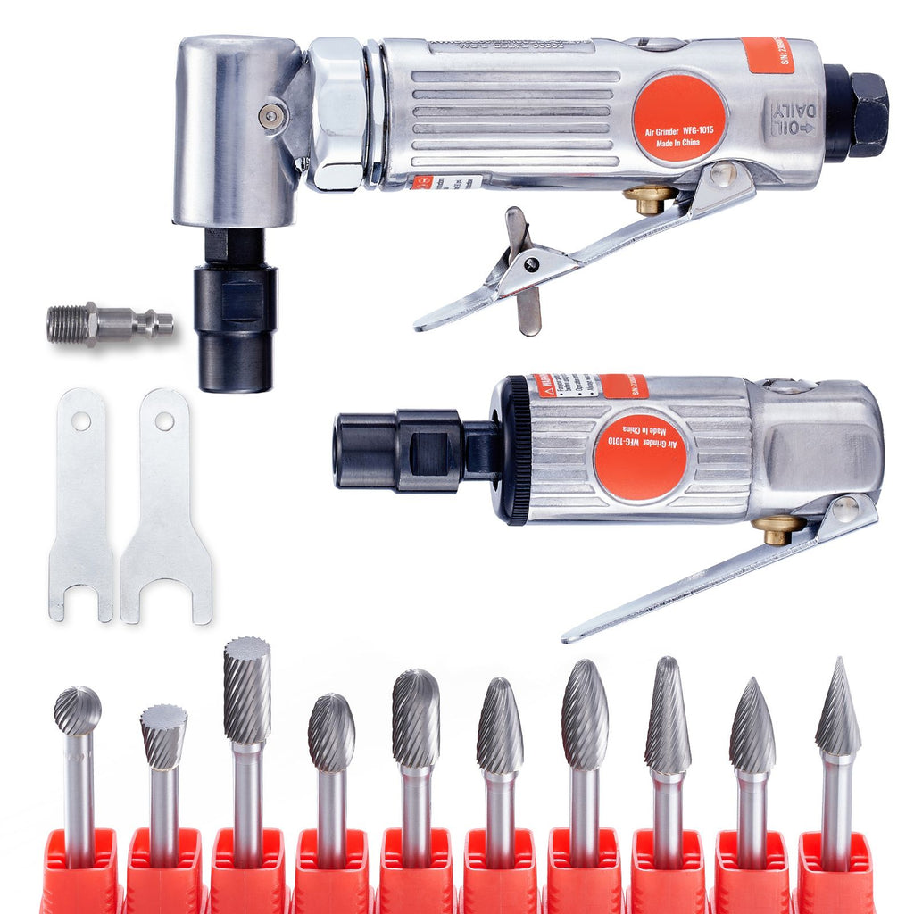 Air Die Grinder Kit, Right Angle Grinder w/ Die Grinder Combo & 10PCS Single Cut Carbide Burr Set, Lightweight, Ball Bearing Construction for Grinding, Deburring, Cutting, Polishing