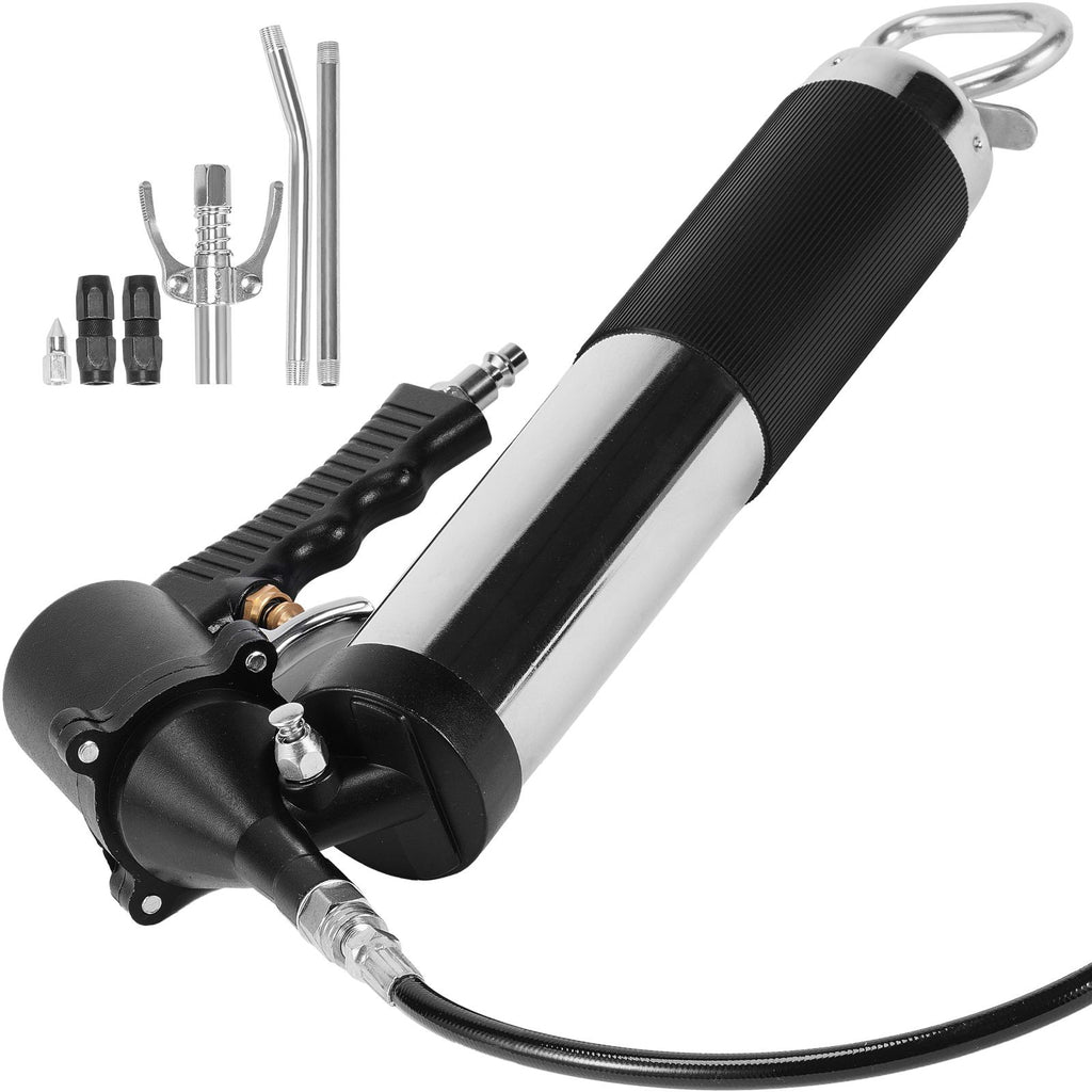 Air Operated Grease Gun, 6000PSI, 14 OZ/400 CC Capacity Heavy Duty Pneumatic Grease Gun, with 18.5 Inch Flexible Hose, 1 Black Flat Coupler Pointed Coupler Bent Metal Pipe Locking Clamp Coupler