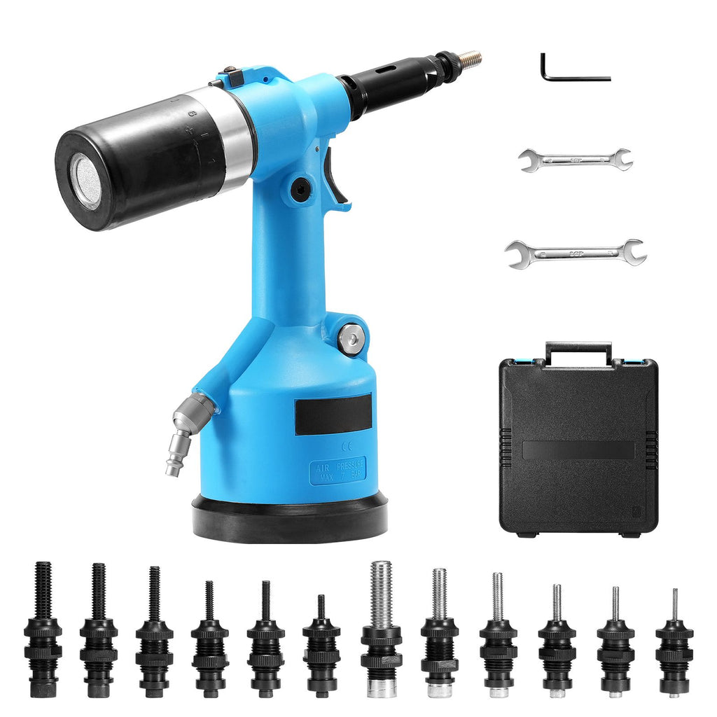 Air Riveter, Pneumatic Air Riveter, 20.2KN Pulling Force Pop Rivet Gun Tool Kit, Heavy Duty Air Hydraulic Rivet Gun for Mechanic Tool, Construction, Home Improvement - With 13 Size Nose Pieces