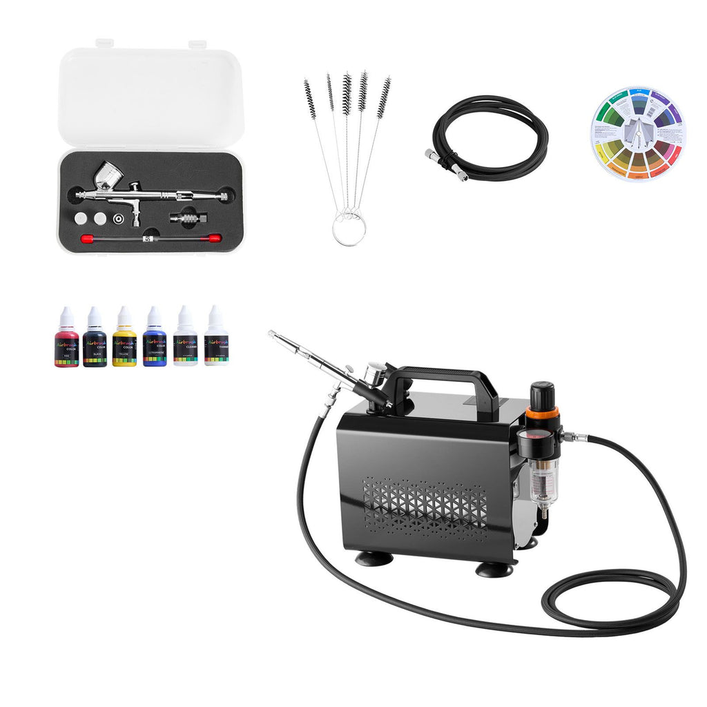 Airbrush Kit, 1/6 HP, Air Brush Kit with Air Compressor, 1 Dual-Action Professional Airbrush with 3 Tips, Hose, Acrylic Paint, Brush, Low Noise, for Cake Decorating, Model Painting, Nail Art
