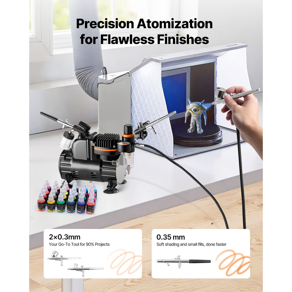 Airbrush Kit, 1/6 HP, Air Brush Kit with Air Compressor, 3 Dual-Action Professional Airbrushes with 3 Tips, Hose, Acrylic Paint, Brush, Low Noise, for Cake Decorating, Model Painting, Nail Art