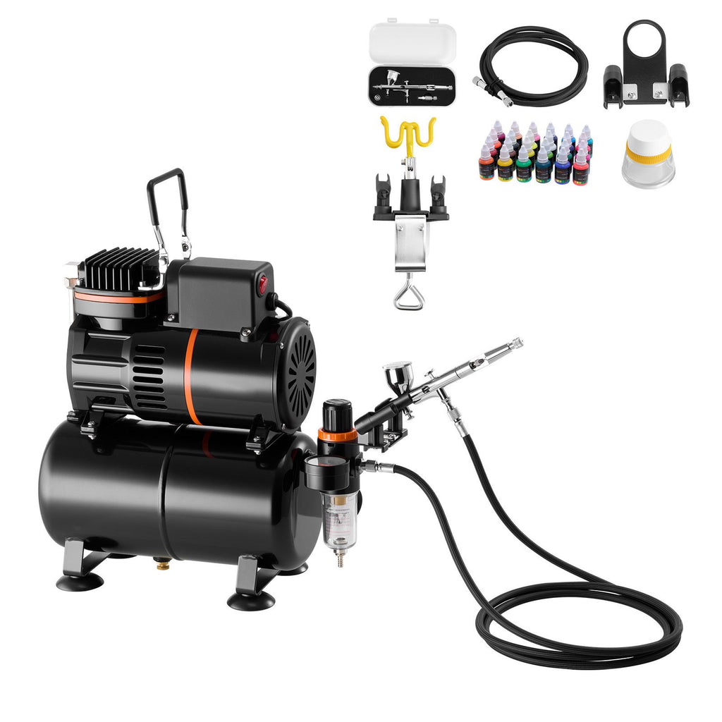 Airbrush Kit, 1/6 HP, Air Brush Kit with Air Compressor and Tank, 1 Dual-Action Professional Airbrush with 1 Tip, Hose, Acrylic Paint, 2 Fans, for Cake Decorating, Model Painting, Nail Art