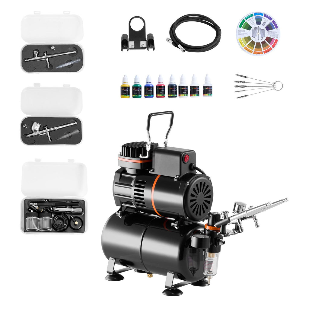 Airbrush Kit, 1/6 HP, Air Brush Kit with Air Compressor and Tank, 3 Dual-Action Professional Airbrushes with 3 Tips, Hose, Acrylic Paint, 2 Fans, for Cake Decorating, Model Painting, Nail Art